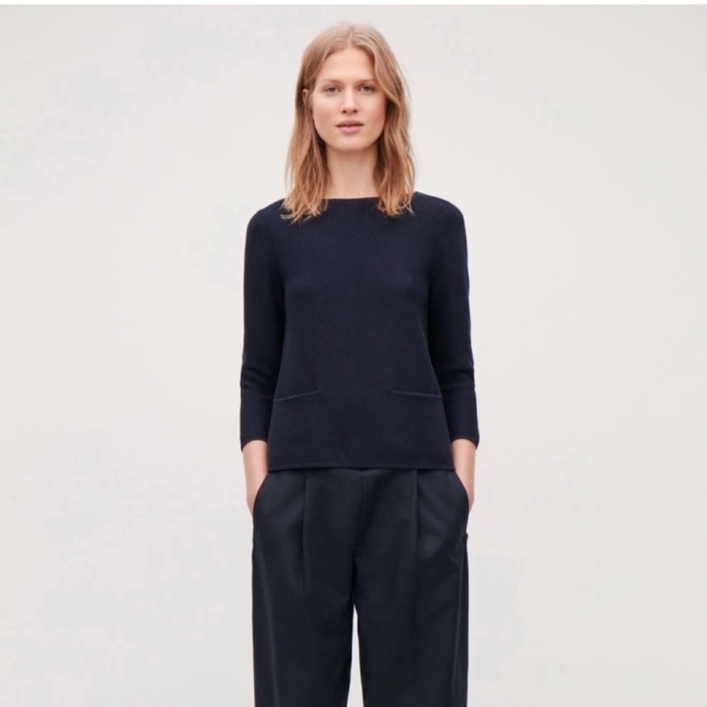 COS cotton knit boat neck sweater navy 3/4 sleeves slashed pockets
